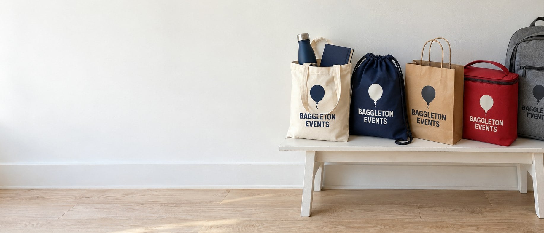 Custom canvas tote, drawstring, paper gift, cooler and backpack swag bags standing on a white bench